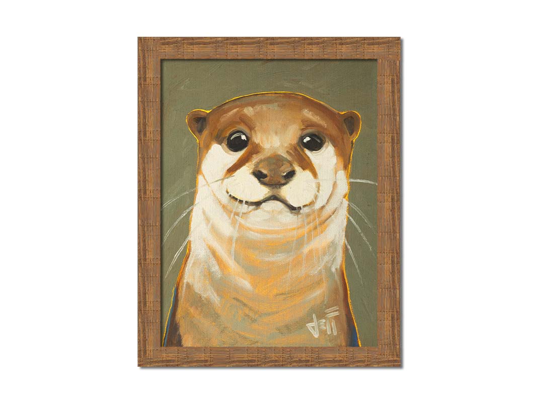 A portrait painting of an adorable otter in natural, warm colors. It has warm white and brown fur and is outlined in yellow, and is set against a desaturated olive green. Printed on canvas and framed.