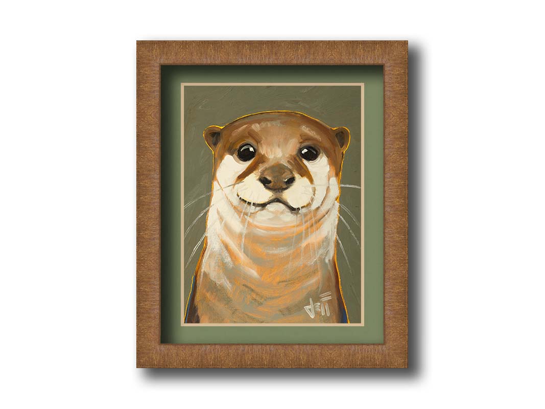 A portrait painting of an adorable otter in natural, warm colors. It has warm white and brown fur and is outlined in yellow, and is set against a desaturated olive green. Printed on paper, matted, and framed.