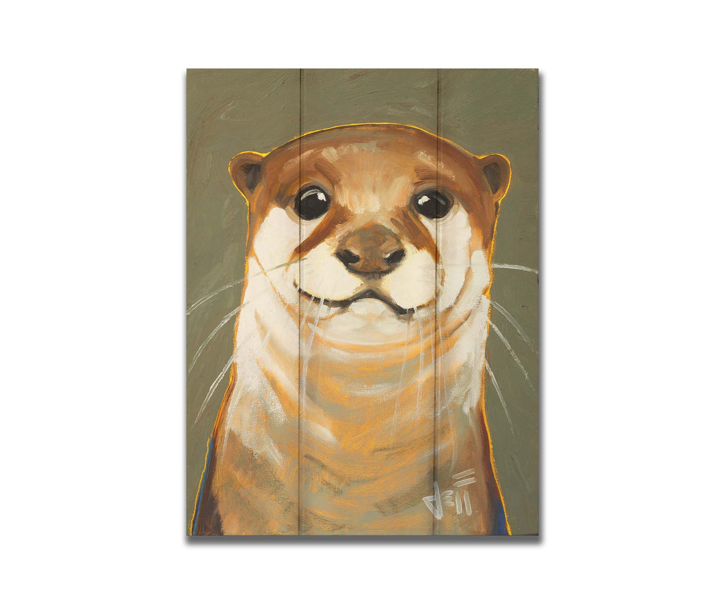 A portrait painting of an adorable otter in natural, warm colors. It has warm white and brown fur and is outlined in yellow, and is set against a desaturated olive green. Printed on a box board.