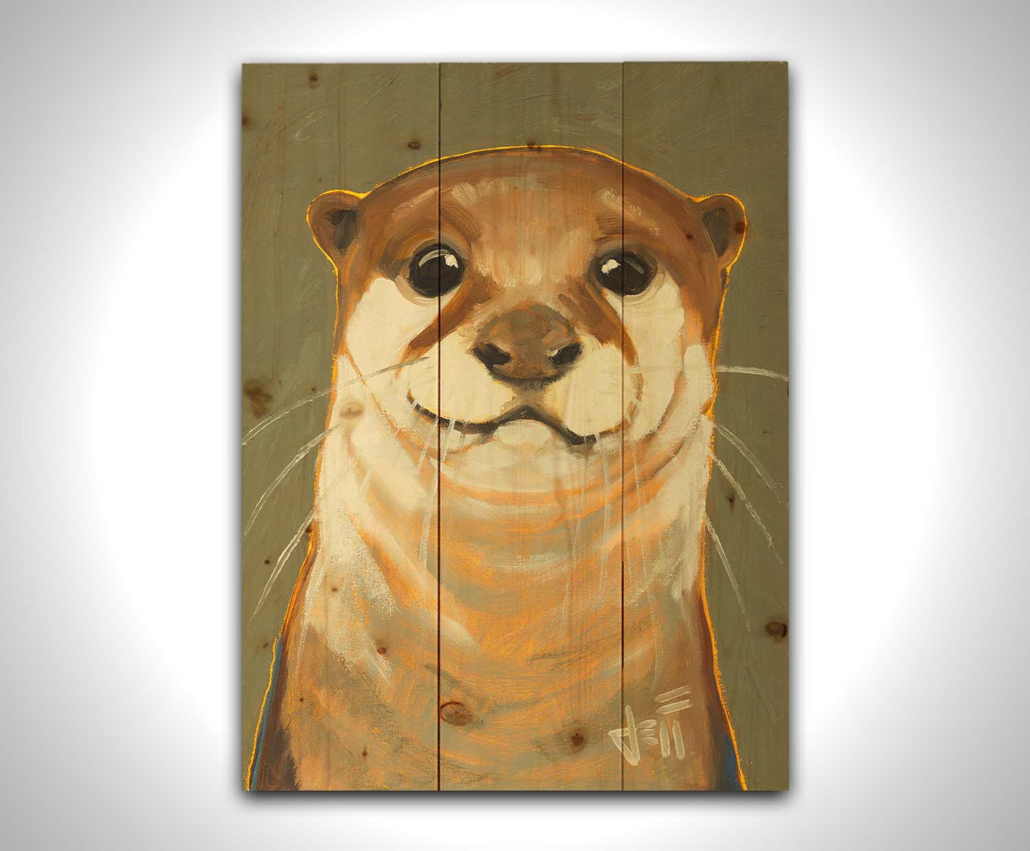 A portrait painting of an adorable otter in natural, warm colors. It has warm white and brown fur and is outlined in yellow, and is set against a desaturated olive green. Printed on a wood pallet.