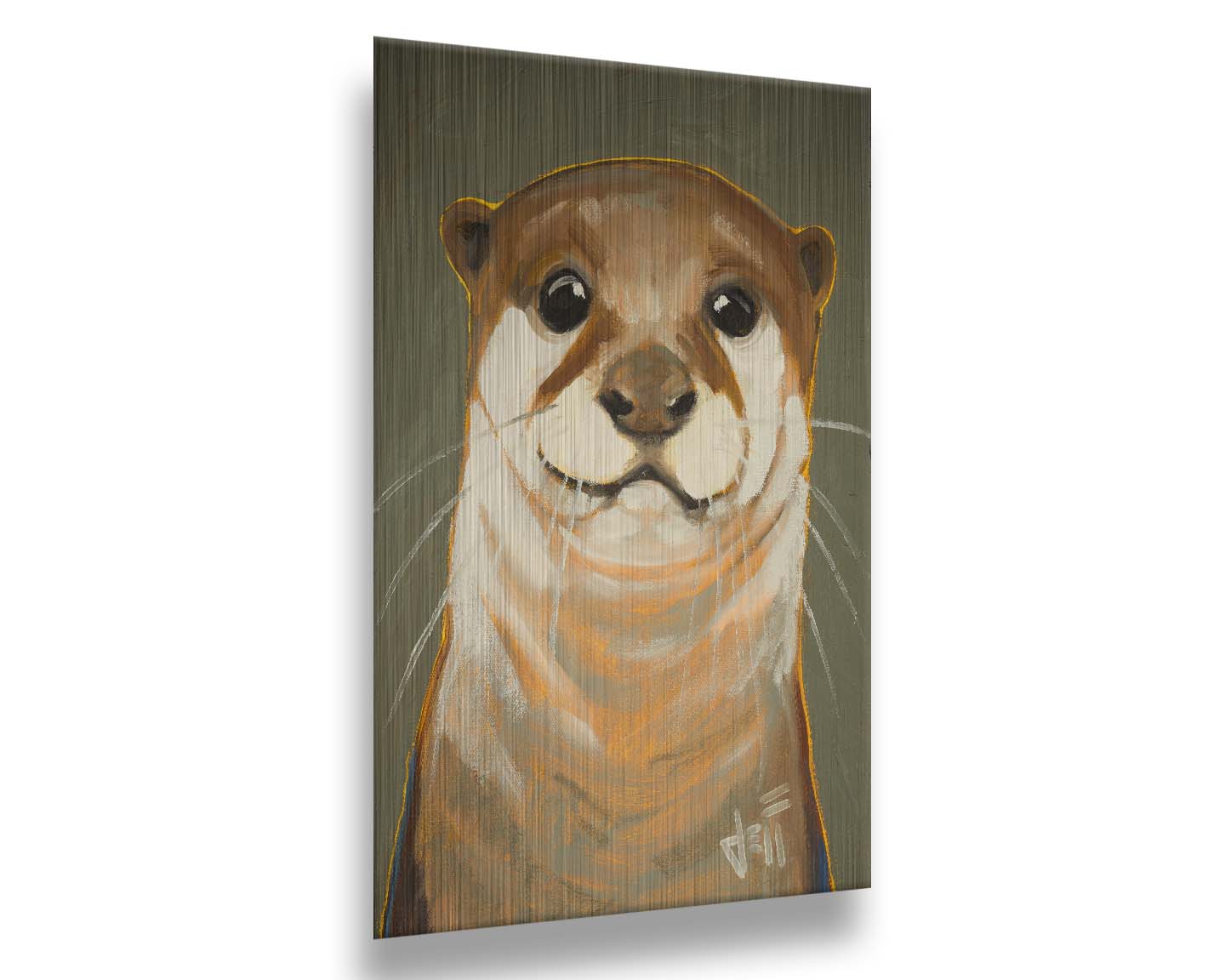 A portrait painting of an adorable otter in natural, warm colors. It has warm white and brown fur and is outlined in yellow, and is set against a desaturated olive green. Printed on metal.