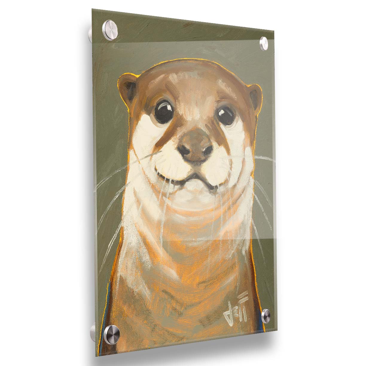 A portrait painting of an adorable otter in natural, warm colors. It has warm white and brown fur and is outlined in yellow, and is set against a desaturated olive green. Printed on acrylic.