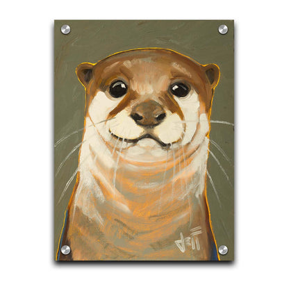 A portrait painting of an adorable otter in natural, warm colors. It has warm white and brown fur and is outlined in yellow, and is set against a desaturated olive green. Printed on acrylic.