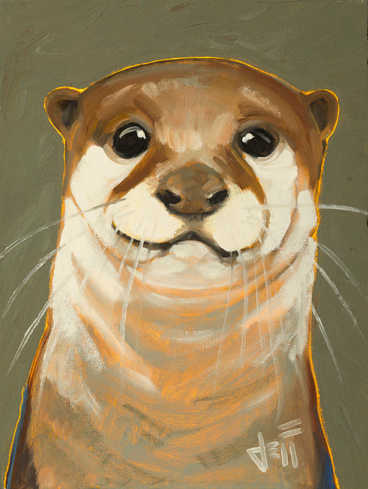 A portrait painting of an adorable otter in natural, warm colors. It has warm white and brown fur and is outlined in yellow, and is set against a desaturated olive green.