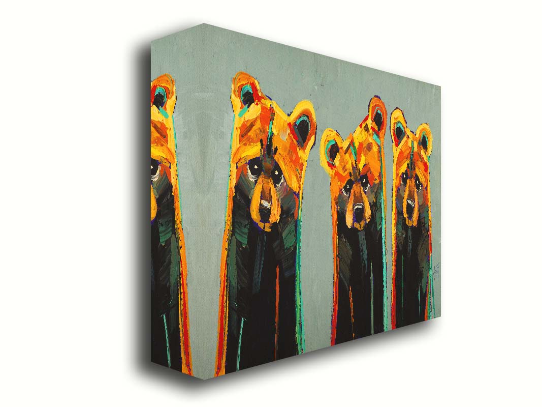 An impasto painting of three bears in an abstracted, stylized form. Colorful visible brushstrokes in yellows, oranges, and teals create this energetic painting. Printed on canvas.