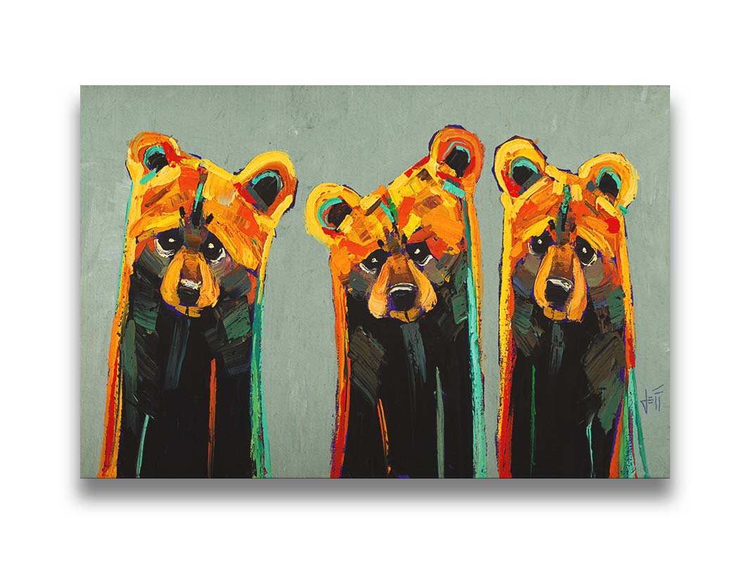 An impasto painting of three bears in an abstracted, stylized form. Colorful visible brushstrokes in yellows, oranges, and teals create this energetic painting. Printed on canvas.