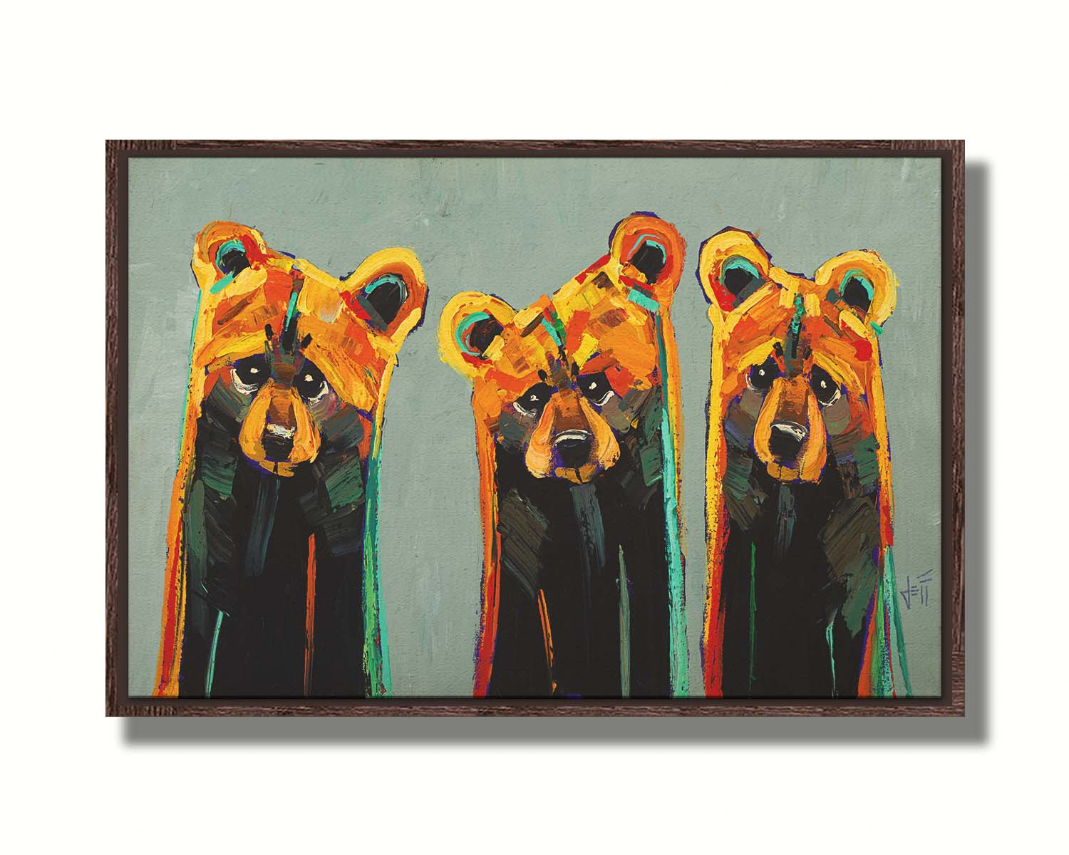 An impasto painting of three bears in an abstracted, stylized form. Colorful visible brushstrokes in yellows, oranges, and teals create this energetic painting. Printed on canvas in a float frame.