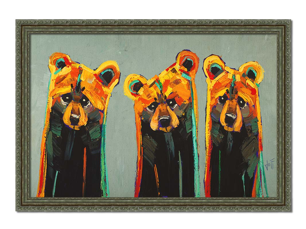 An impasto painting of three bears in an abstracted, stylized form. Colorful visible brushstrokes in yellows, oranges, and teals create this energetic painting. Printed on canvas and framed.