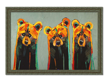 An impasto painting of three bears in an abstracted, stylized form. Colorful visible brushstrokes in yellows, oranges, and teals create this energetic painting. Printed on canvas and framed.