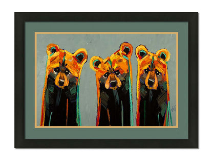 An impasto painting of three bears in an abstracted, stylized form. Colorful visible brushstrokes in yellows, oranges, and teals create this energetic painting. Printed on paper, matted, and framed.