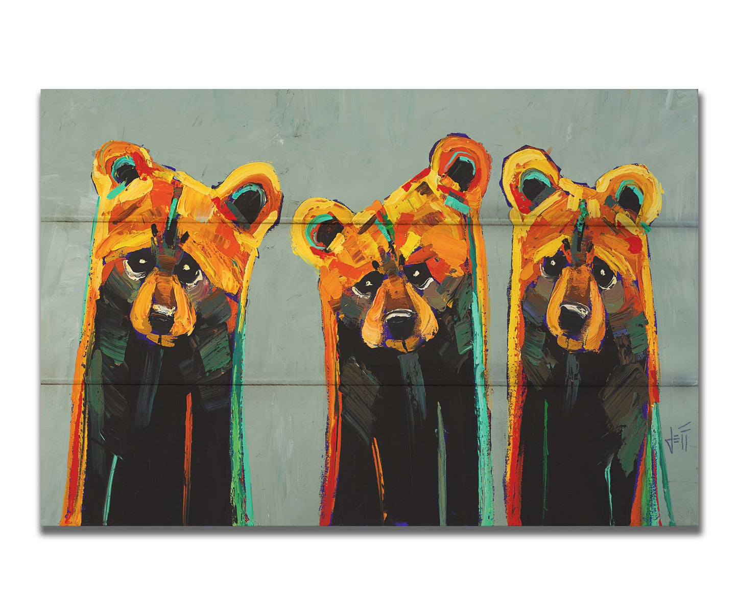 An impasto painting of three bears in an abstracted, stylized form. Colorful visible brushstrokes in yellows, oranges, and teals create this energetic painting. Printed on a box board.