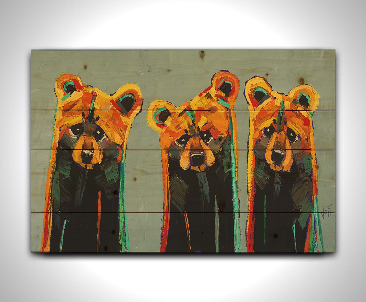 An impasto painting of three bears in an abstracted, stylized form. Colorful visible brushstrokes in yellows, oranges, and teals create this energetic painting. Printed on a wood pallet.