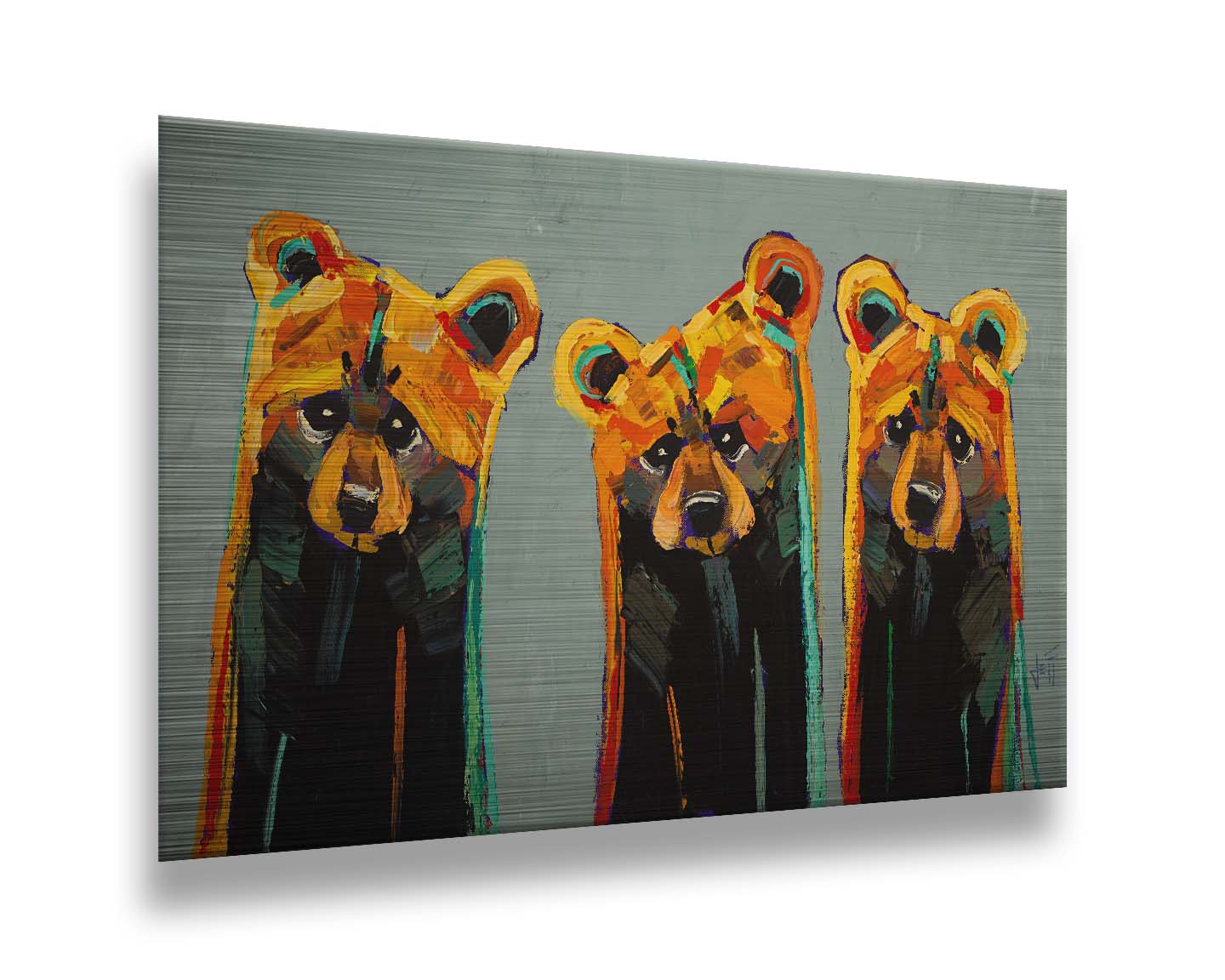 An impasto painting of three bears in an abstracted, stylized form. Colorful visible brushstrokes in yellows, oranges, and teals create this energetic painting. Printed on metal.