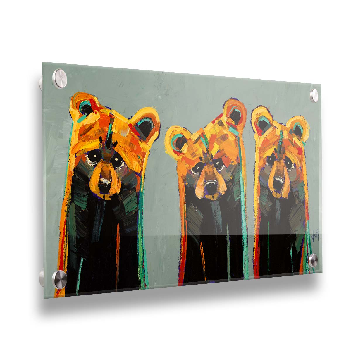 An impasto painting of three bears in an abstracted, stylized form. Colorful visible brushstrokes in yellows, oranges, and teals create this energetic painting. Printed on acrylic.