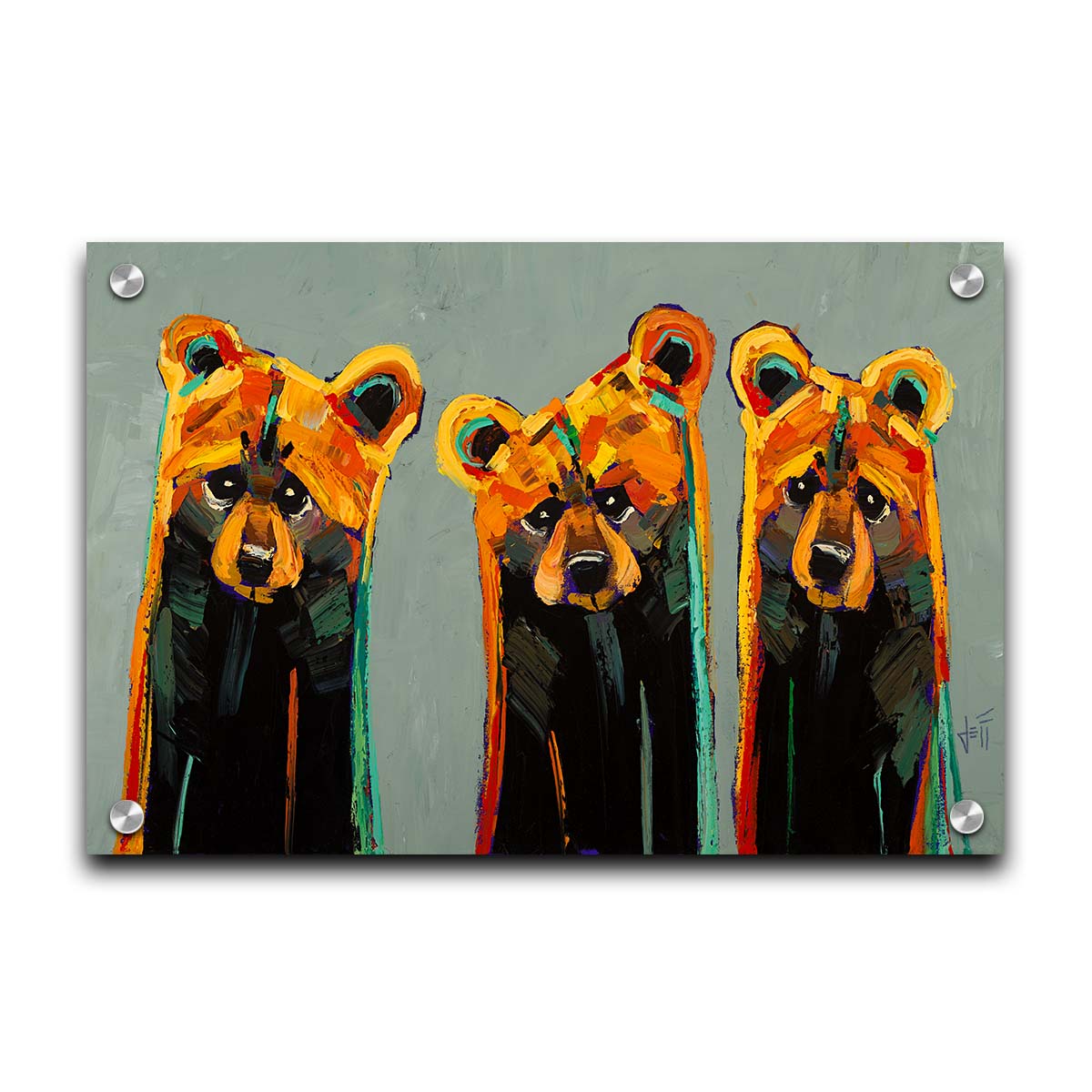 An impasto painting of three bears in an abstracted, stylized form. Colorful visible brushstrokes in yellows, oranges, and teals create this energetic painting. Printed on acrylic.