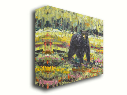 An impasto painting of a black bear wandering through a vibrant field, surrounded by a forest. It is created with an impasto technique using rectangular brushstrokes. Printed on canvas.