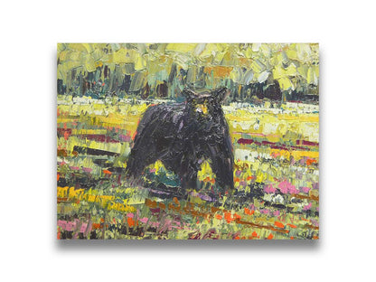 An impasto painting of a black bear wandering through a vibrant field, surrounded by a forest. It is created with an impasto technique using rectangular brushstrokes. Printed on canvas.