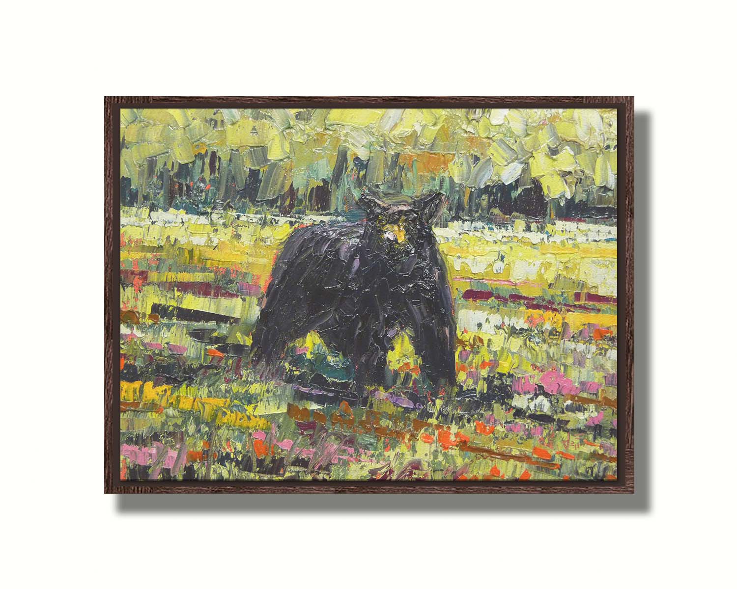 An impasto painting of a black bear wandering through a vibrant field, surrounded by a forest. It is created with an impasto technique using rectangular brushstrokes. Printed on canvas in a float frame.