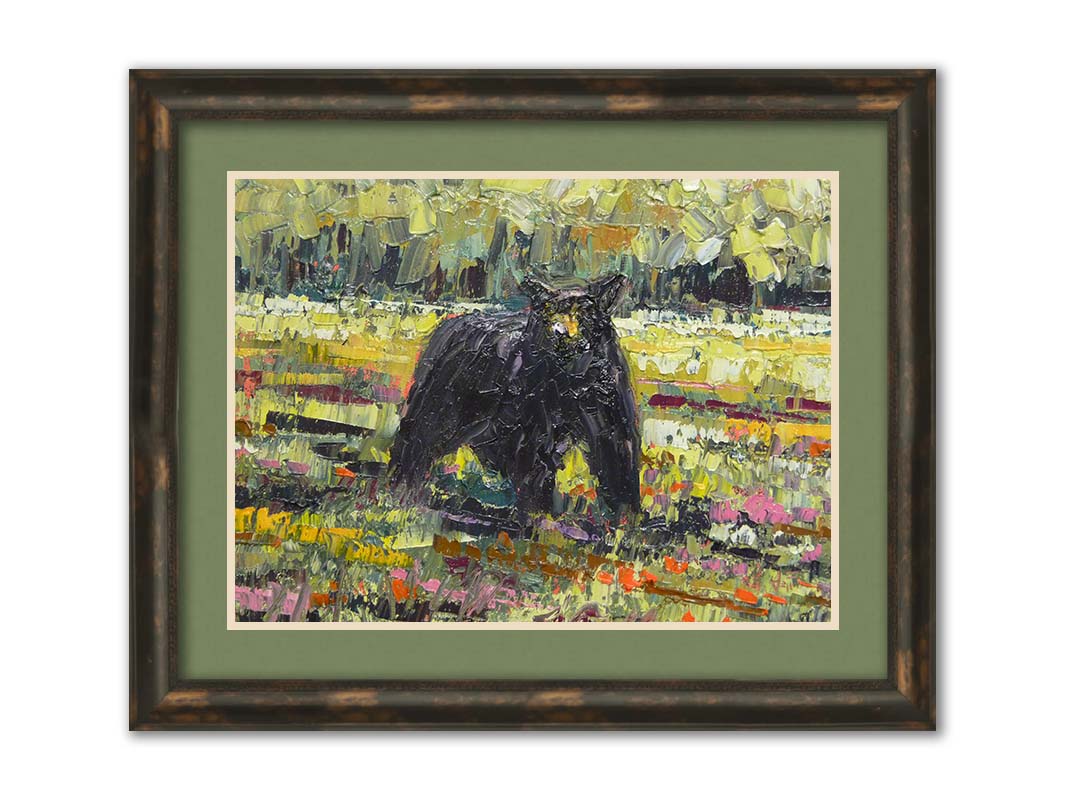 An impasto painting of a black bear wandering through a vibrant field, surrounded by a forest. It is created with an impasto technique using rectangular brushstrokes. Printed on paper, matted, and framed.