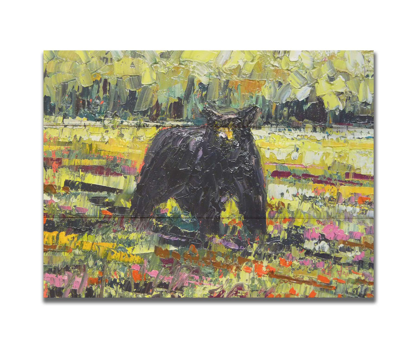 An impasto painting of a black bear wandering through a vibrant field, surrounded by a forest. It is created with an impasto technique using rectangular brushstrokes. Printed on a box board.