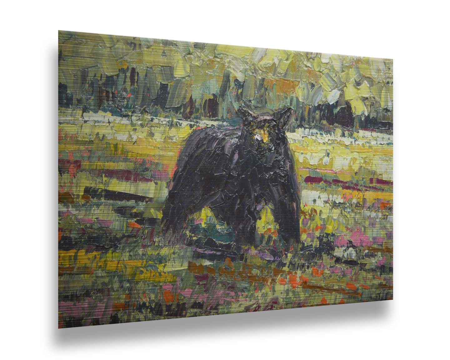 An impasto painting of a black bear wandering through a vibrant field, surrounded by a forest. It is created with an impasto technique using rectangular brushstrokes. Printed on metal.