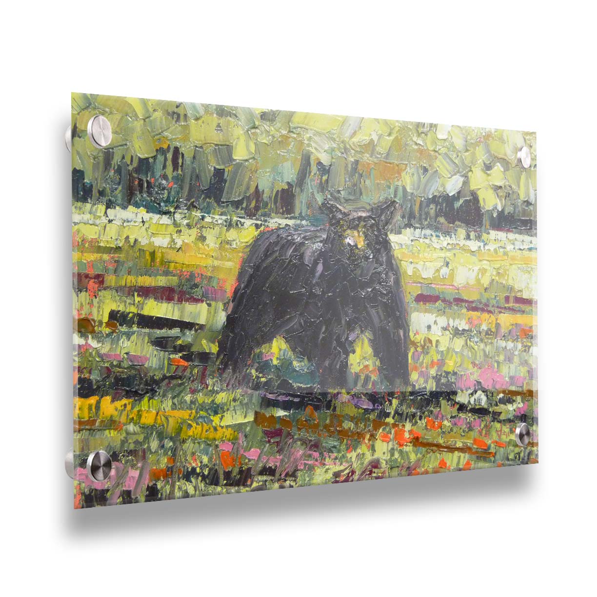 An impasto painting of a black bear wandering through a vibrant field, surrounded by a forest. It is created with an impasto technique using rectangular brushstrokes. Printed on acrylic.