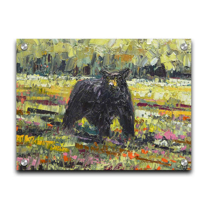 An impasto painting of a black bear wandering through a vibrant field, surrounded by a forest. It is created with an impasto technique using rectangular brushstrokes. Printed on acrylic.