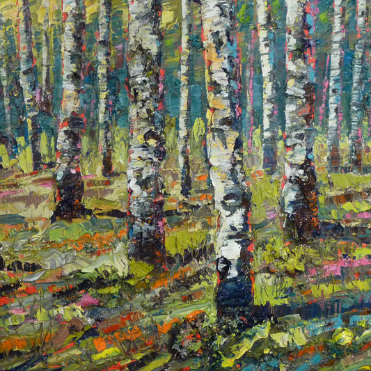 A painting of a birch forest created with intricate textures through an impasto technique.