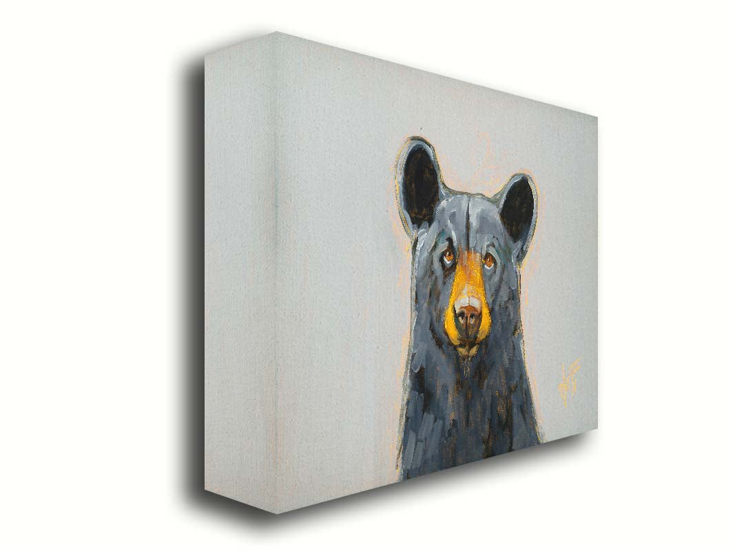 A portrait painting of a front-facing portrait of a stately black bear against a pale gray backdrop. Printed on canvas.