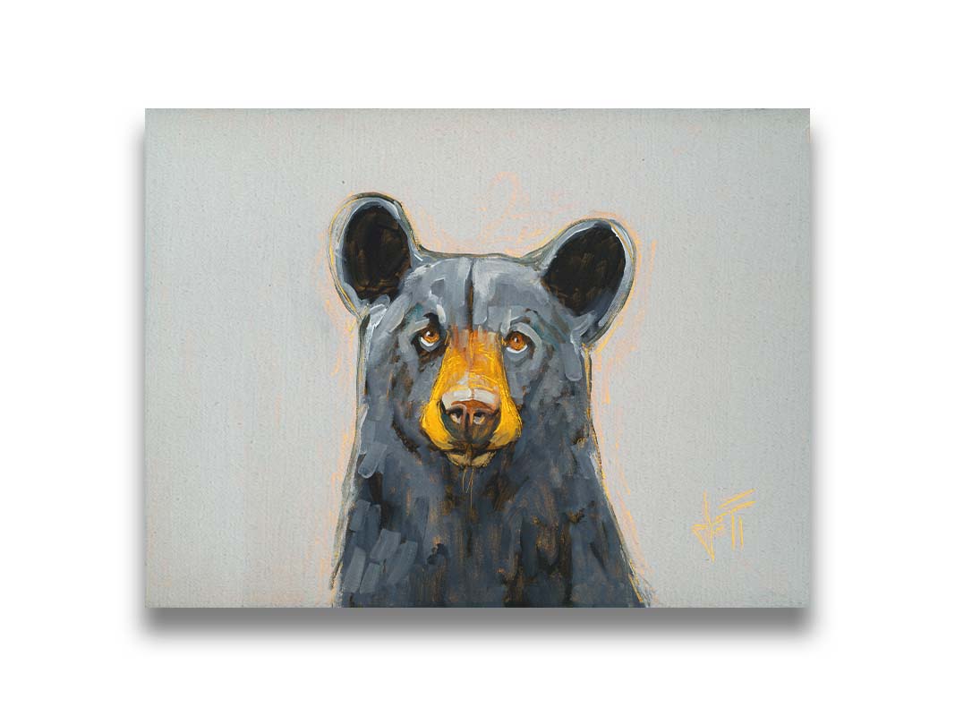 A portrait painting of a front-facing portrait of a stately black bear against a pale gray backdrop. Printed on canvas.