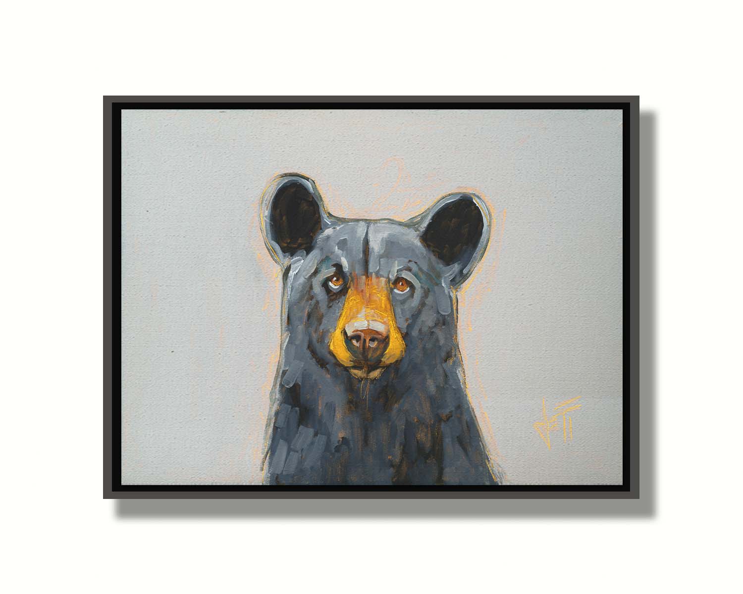 A portrait painting of a front-facing portrait of a stately black bear against a pale gray backdrop. Printed on canvas in a float frame.