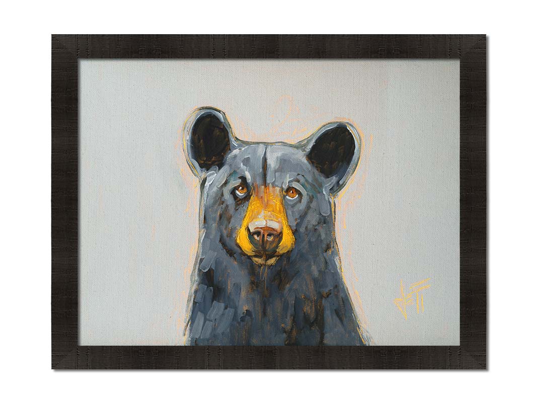 A portrait painting of a front-facing portrait of a stately black bear against a pale gray backdrop. Printed on canvas and framed.