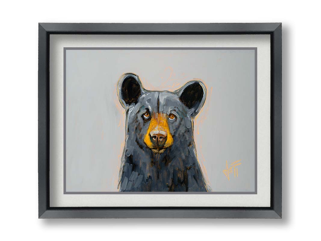 A portrait painting of a front-facing portrait of a stately black bear against a pale gray backdrop. Printed on paper, matted, and framed.