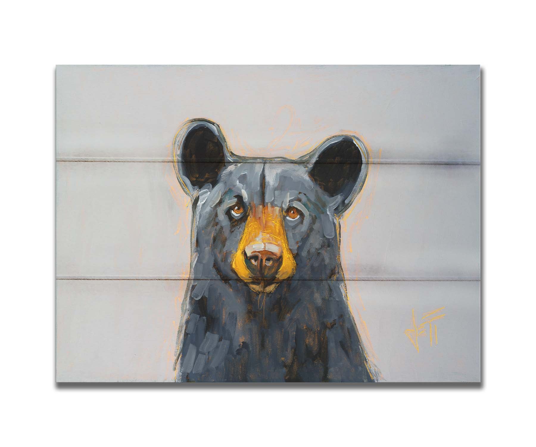 A portrait painting of a front-facing portrait of a stately black bear against a pale gray backdrop. Printed on a box board.