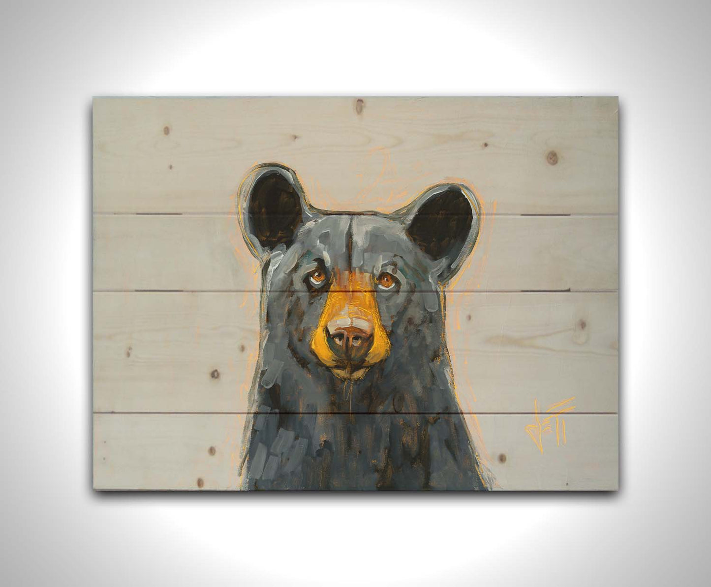 A portrait painting of a front-facing portrait of a stately black bear against a pale gray backdrop. Printed on a wood pallet.