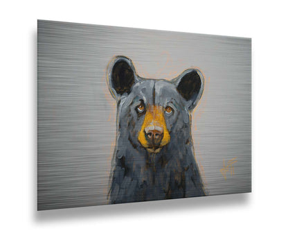 A portrait painting of a front-facing portrait of a stately black bear against a pale gray backdrop. Printed on metal.