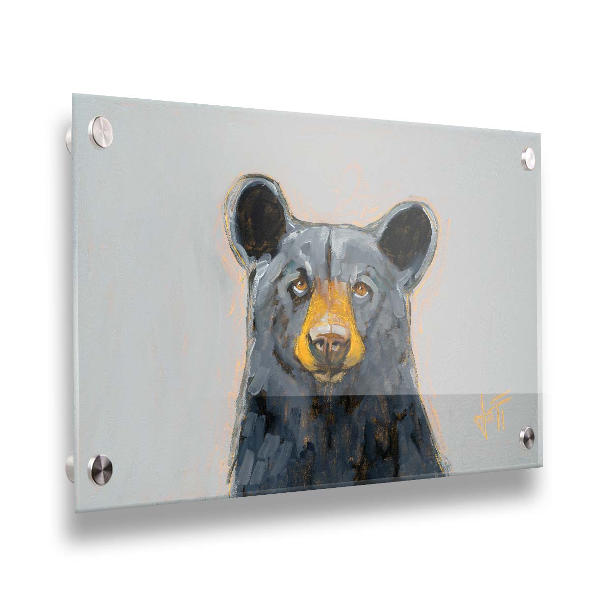 A portrait painting of a front-facing portrait of a stately black bear against a pale gray backdrop. Printed on acrylic.