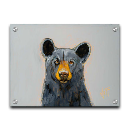 A portrait painting of a front-facing portrait of a stately black bear against a pale gray backdrop. Printed on acrylic.