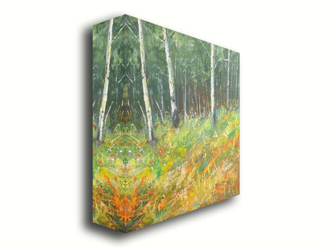 A painting of a hillside forest with colorful grasses in yellows, oranges, and greens. Printed on canvas.