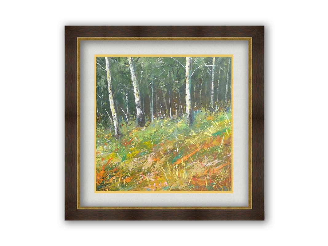 A painting of a hillside forest with colorful grasses in yellows, oranges, and greens. Printed on paper, matted, and framed.