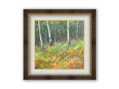 A painting of a hillside forest with colorful grasses in yellows, oranges, and greens. Printed on paper, matted, and framed.