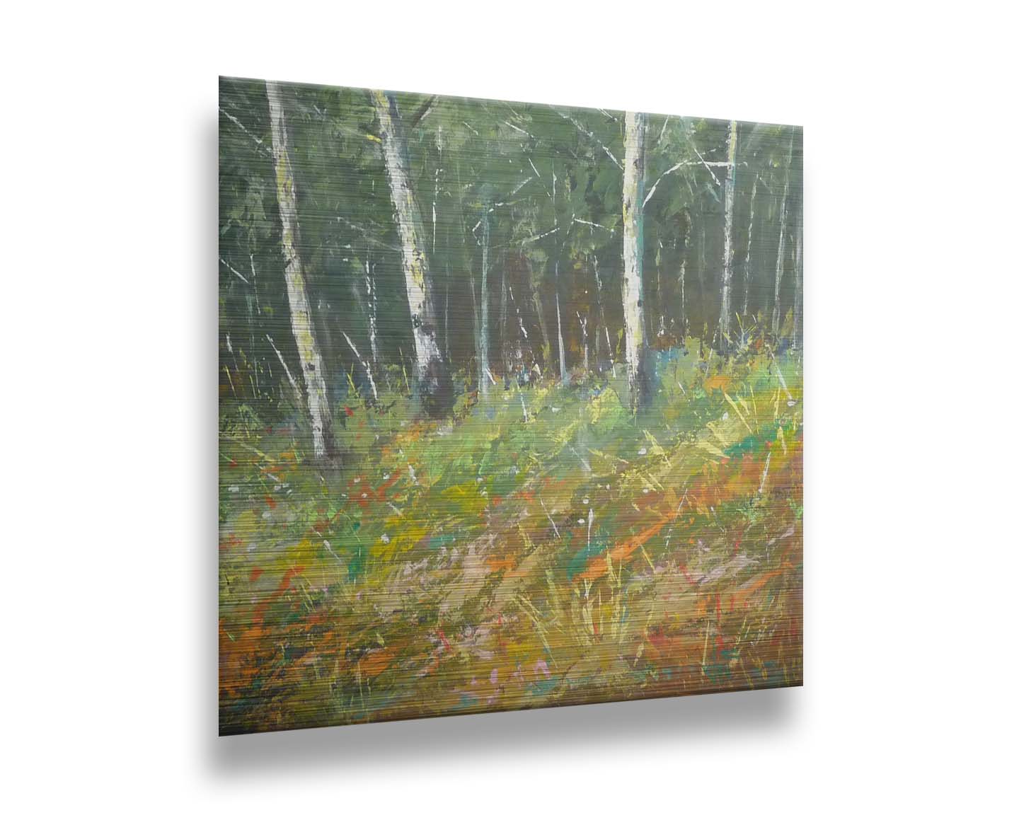 A painting of a hillside forest with colorful grasses in yellows, oranges, and greens. Printed on metal.