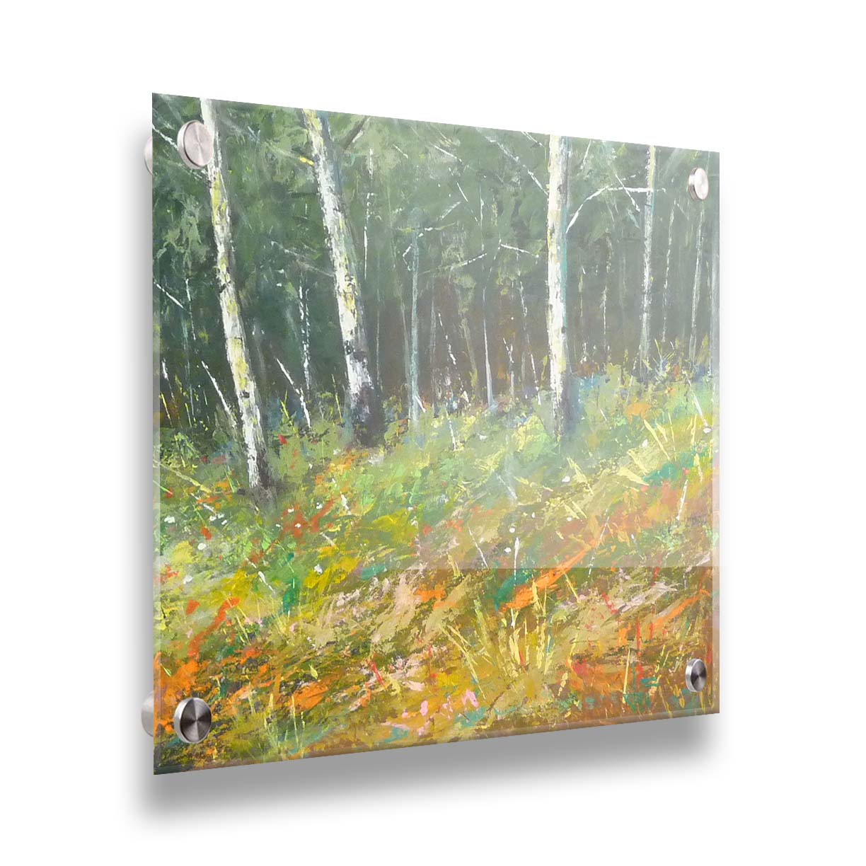 A painting of a hillside forest with colorful grasses in yellows, oranges, and greens. Printed on acrylic.