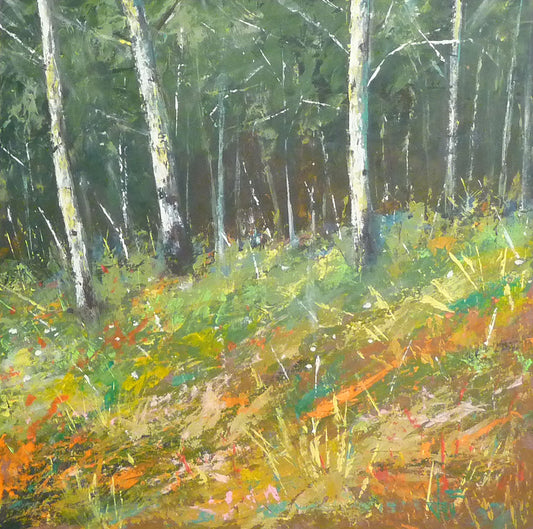 A painting of a hillside forest with colorful grasses in yellows, oranges, and greens.