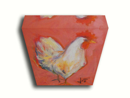 A painting of a white rooster with a bright red comb, accented with warm tones and set against a paler red background. Printed on canvas.