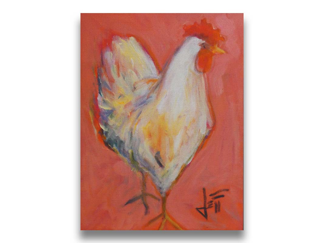 A painting of a white rooster with a bright red comb, accented with warm tones and set against a paler red background. Printed on canvas.