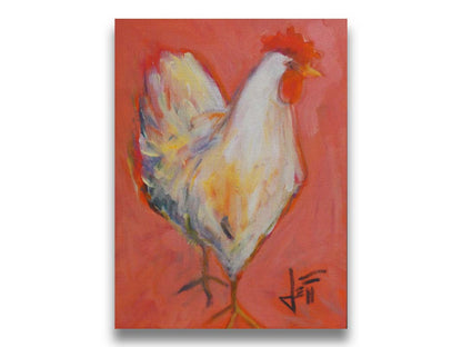 A painting of a white rooster with a bright red comb, accented with warm tones and set against a paler red background. Printed on canvas.