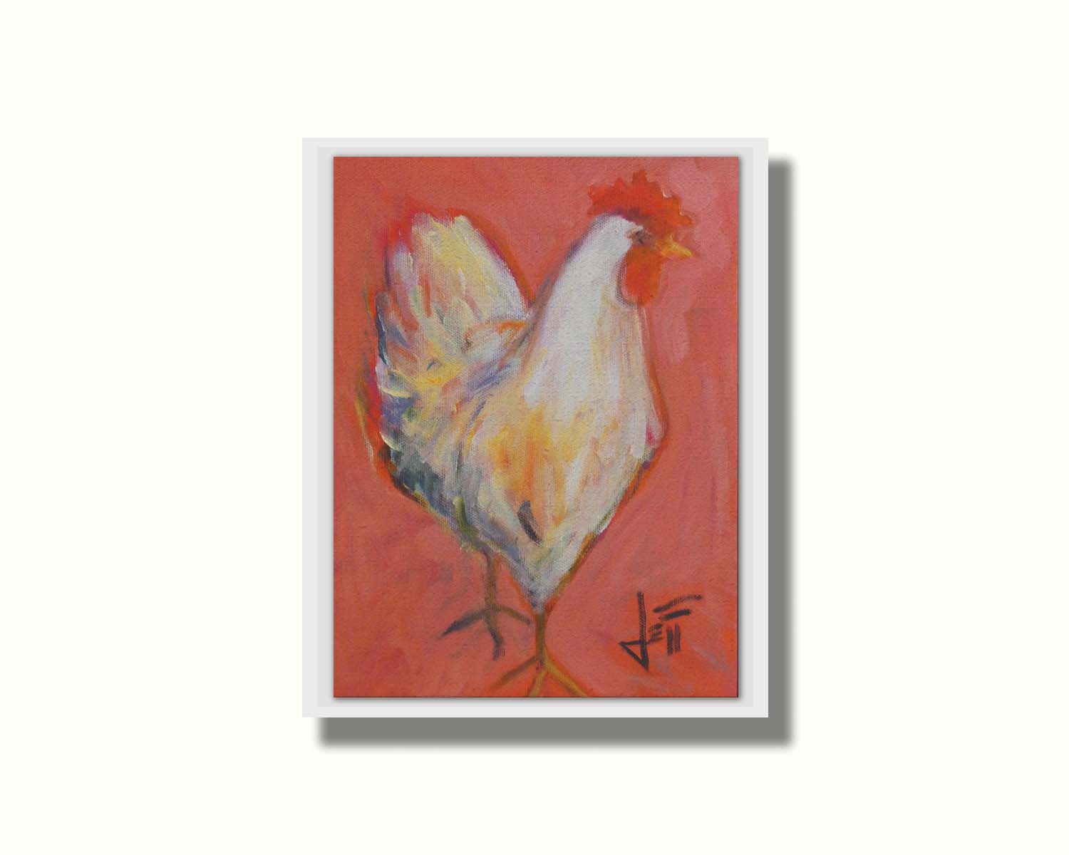 A painting of a white rooster with a bright red comb, accented with warm tones and set against a paler red background. Printed on canvas in a float frame.