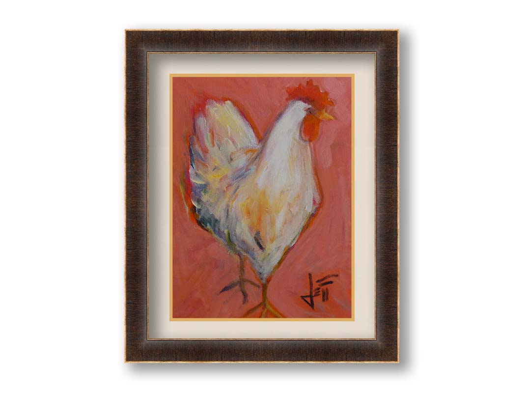 A painting of a white rooster with a bright red comb, accented with warm tones and set against a paler red background. Printed on paper, matted, and framed.