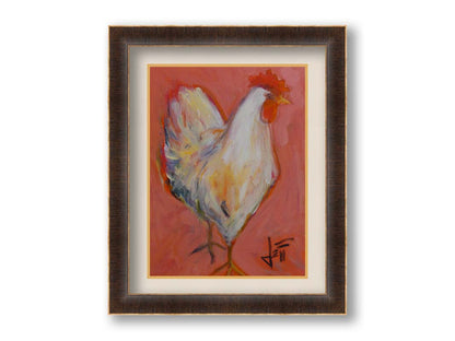 A painting of a white rooster with a bright red comb, accented with warm tones and set against a paler red background. Printed on paper, matted, and framed.